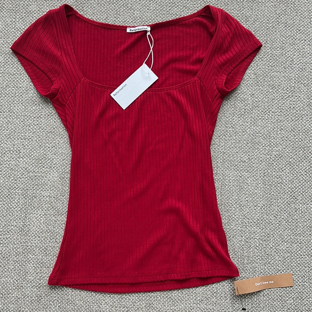 REFORMATION Top Size S Black Ribbed Square Neckline Stretch Classic